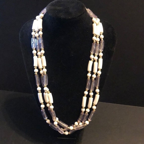 White & clear tubular beaded multi strand necklace​ - Picture 1 of 5